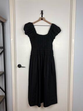 Caroline Constas Black Puff Sleeve Smocked Square Neckline Maxi Cotton Dress